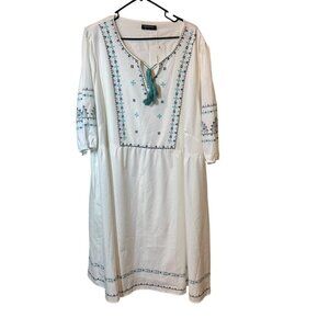 Boho Chic White & Blue Embroidered Midi Dress With Tassels 3/4 Sleeves sz 26 NWT